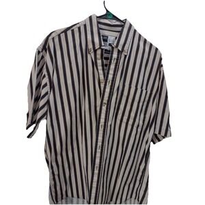 Alexander Martin Mens Medium Striped Short Sleeve Button Down Shirt Cotton Black